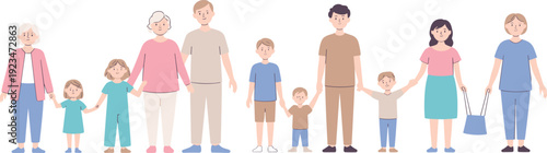 Flat vector illustration of multi generation family members standing together, grandparents parents and children isolated on white background family unity concept