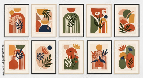 Collection of nine framed abstract art pieces featuring colorful botanical designs with leaves and flowers on a white background