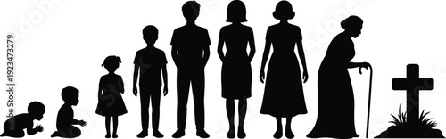Human life cycle silhouette from baby to elderly woman with grave cross, black stages of life isolated on white background flat vector illustration