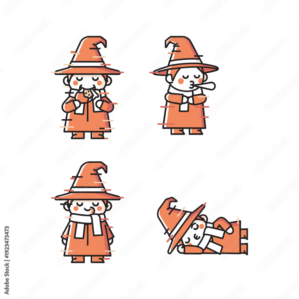 Fototapeta premium Cartoon wizard characters in various poses with orange robes and hats on white background