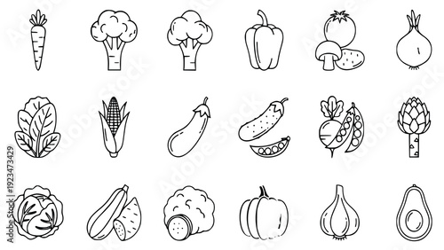 Set of  sixteen different hand drawn vegetables in a simple line drawing style, including carrots, broccoli, and avocado, on a white background with a minimalist design.