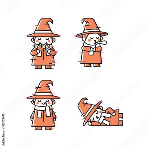 Cartoon wizard characters in various poses with orange robes and hats on white background