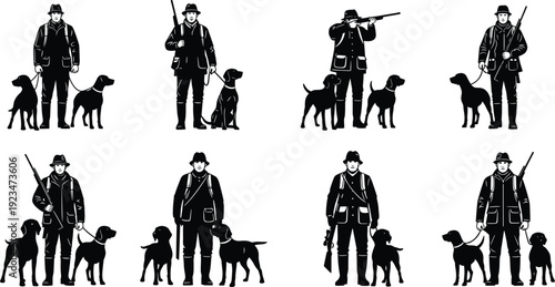 Set of hunter silhouettes with hunting dogs and rifles, vintage outdoorsman collection, black and white isolated vector illustration for sporting, shooting, and countryside themes