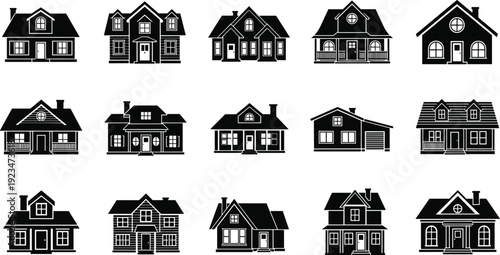 Set of fifteen black and white house silhouette icons with various architectural styles residential building exterior outline vector illustrations for real estate and construction design (25 words)