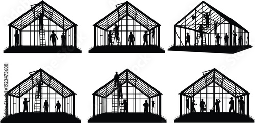 Set of six greenhouse construction silhouettes featuring workers building glass garden structures with ladders and tools for nursery agriculture and sustainable botanical glasshouse 
