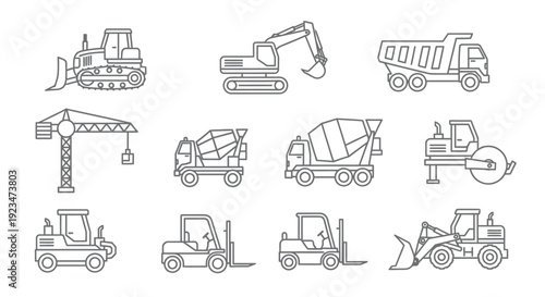 Construction Vehicles and Heavy Equipment Outline Icons Set