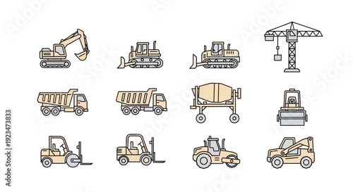 Construction Vehicles and Heavy Equipment Line Icons Set. Vector Outline Illustrations of Excavator, Crane, Bulldozer, Dump Truck, Forklift, and Roller.