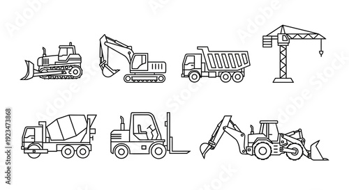 Construction Vehicles Line Icons Set: Heavy Machinery Collection - Bulldozer, Excavator, Dump Truck, Crane, Concrete Mixer, Forklift, and Backhoe Loader Outlines