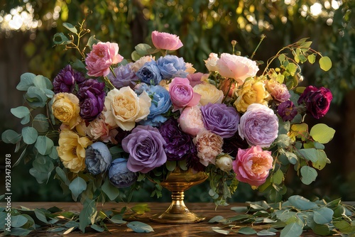 Wallpaper Mural Floral Arrangement with Pastel Roses Eucalyptus in Golden Vase on Wood Table in Natural Light with Garden Background Elegant Decorative Centerpiece Torontodigital.ca