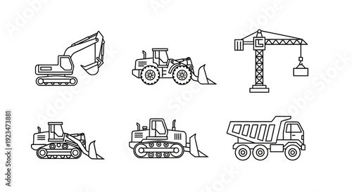 Construction Heavy Equipment Line Icons Set: Excavator, Loader, Crane, Bulldozer, and Dump Truck Vector Collection for Industry and Building Projects
