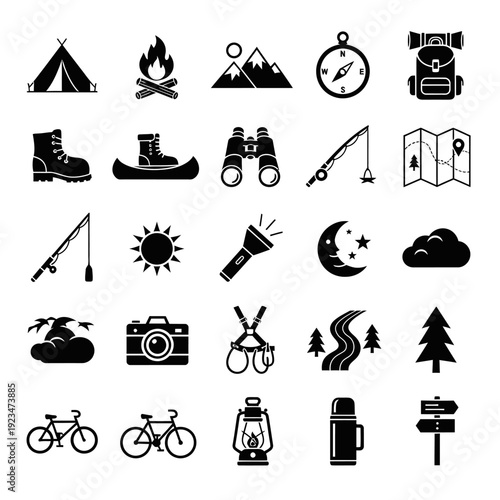 Camping and hiking icons set collection.
