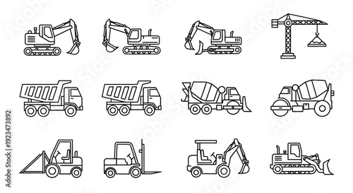 Construction and Heavy Equipment Line Icons Set - Excavators, Dump Trucks, Crane, Forklift, Cement Mixers, Loader, Bulldozer