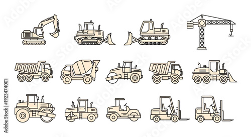 Construction Vehicles & Heavy Machinery Outline Icon Set: Excavator, Dozer, Dump Truck, Crane, Roller, Mixer, Forklift