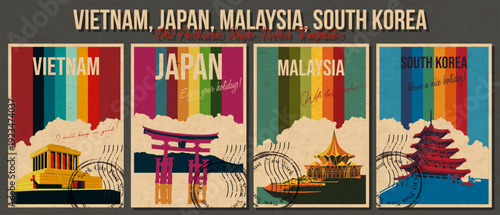 Vietnam, Japan, Malaysia, South Korea Tourist Attraction Set. Ho Chi Minh Mausoleum, Tokyo Floating Gate, Kuching, Seoul Pagoda Retro Postcard Style Illustrations, 1970s - 1980s Color Lines, Aged Pape