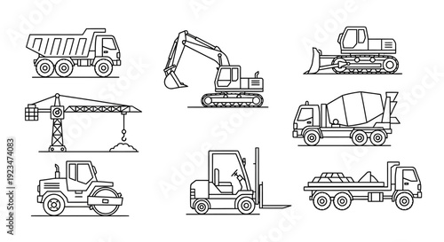 Construction Vehicles Line Art Icons Set: Heavy Equipment, Machinery, Dump Truck, Excavator, Crane, Bulldozer, Mixer, Forklift, Road Roller