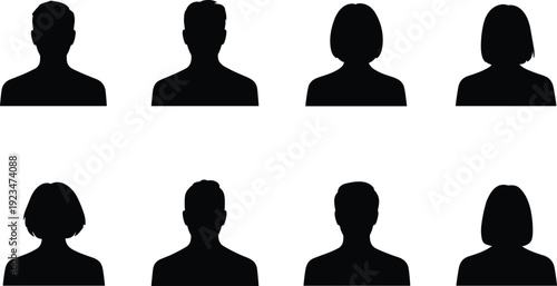 Set of male and female avatar silhouette icons, black user profile head shapes isolated on white background flat vector illustration for web and app design