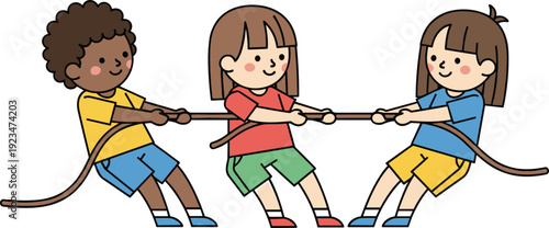 Diverse Children Playing Tug of War Game Together Illustration of Happy Kids Cooperating in Teamwork Competition Group Activity for School Sports and Friendship Concept