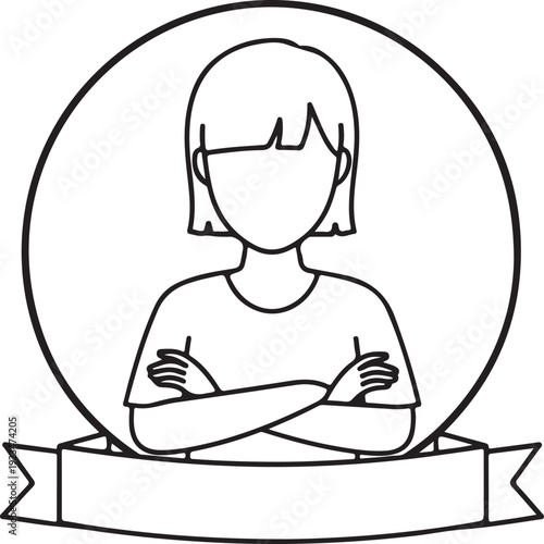 Black line of a faceless woman with arms crossed in a circle and banner line black and white