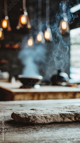 Wallpaper Mural Glowing Lights on Rustic Wooden Kitchen with Blue Smoke and Copper Hue Under Dramatic Low Key Lighting and Dark Background Torontodigital.ca