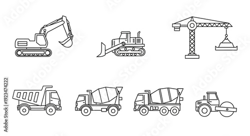 Construction Heavy Equipment Line Icons Set: Building & Engineering Machinery Vector Collection