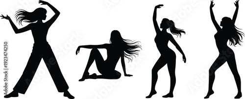 Set of female dancer silhouettes in expressive poses, black women dancing isolated on white background flat vector illustration collection for performance and fitness design