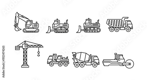 Construction Vehicles and Heavy Equipment Line Icons Set. Building Machinery Black Outline Vector Collection.