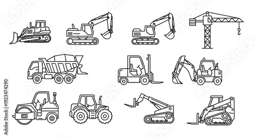 Construction Heavy Equipment Line Icons Set: Bulldozer, Excavator, Crane, Mixer Truck, Forklift, Roller. Industrial Vehicles & Building Machinery Outline Vector Collection.
