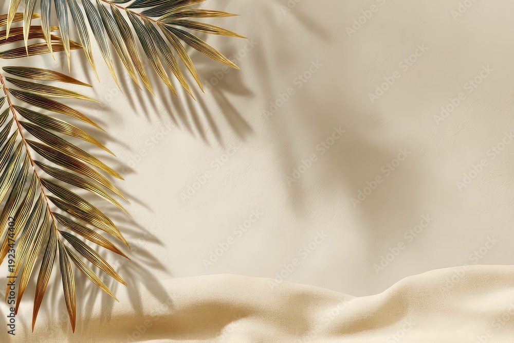 custom made wallpaper toronto digitalGolden Palm Leaves Casting Shadows on Beige Background with Grains of Sand in Soft Lighting Tropical Summer Aesthetic Composition