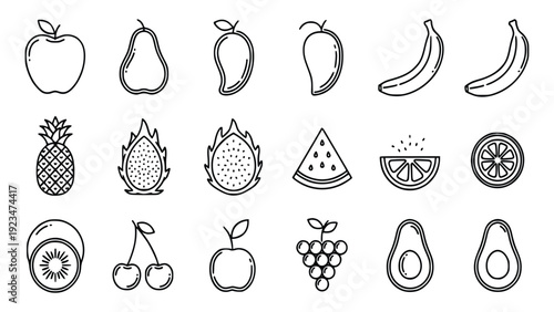 Collection of various hand drawn black and white fruit icons including apples, bananas, and avocados on a clean white background perfect for healthy eating and nutrition designs.