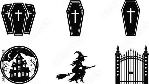 Vector illustration set of black Halloween silhouettes featuring spooky coffins with crosses a haunted house under the moon a flying witch and gothic gates