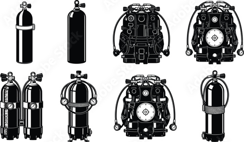 Vector illustration set featuring black silhouettes of scuba diving oxygen tanks and technical deep sea breathing apparatus for underwater exploration and 