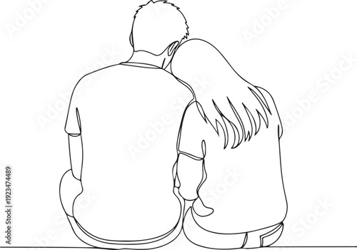 Couple sitting back to back in black outline line people