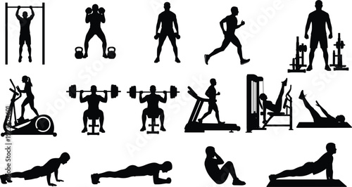 Vector illustration set of black silhouettes featuring men and women performing various gym exercises including weightlifting running on a treadmill and bodyweight training