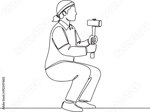 Line of a person crouching while holding a sledgehammer line person worker laborer