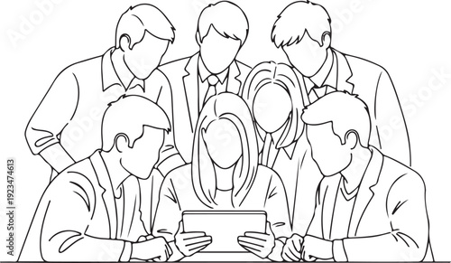 Line of six people looking at a tablet line black and white group meeting business