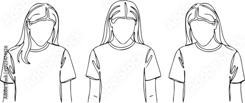 Line of three faceless young women with long hair wearing t shirts line faceless young adults