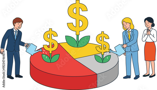 Business team watering dollar plants on pie chart vector illustration for financial growth investment and profit strategy concept