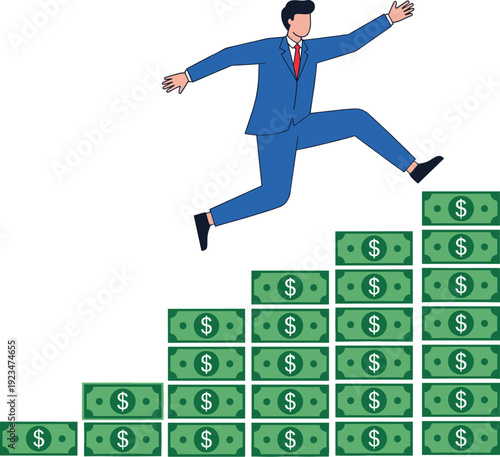 Businessman jumping on money stack growth chart vector illustration for financial success investment and career achievement concept