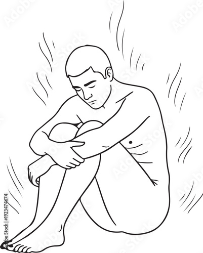 Man sitting with knees to chest and arms wrapped around leg human