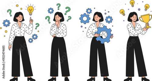 Business woman idea process and success concept vector set with question mark gear light bulb and trophy illustration