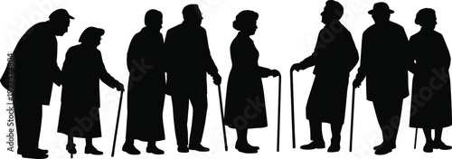 Silhouette of elderly people with walking canes standing together, senior men and women isolated on white background flat vector illustration collection
