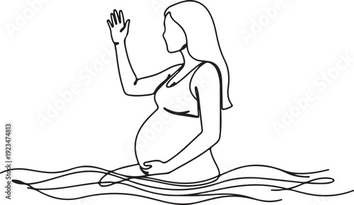 Pregnant woman in water waving with one hand pregnancy line black and white