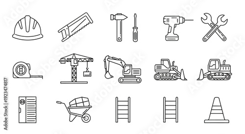 Construction Tools and Heavy Equipment Line Icons Set: Handyman, Building, and Industrial Engineering Symbol Collection