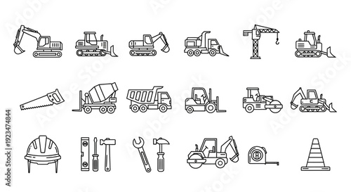 Construction Vehicles & Building Tools Line Art Icons Set: Heavy Equipment, Machinery, and Worker Supplies Collection