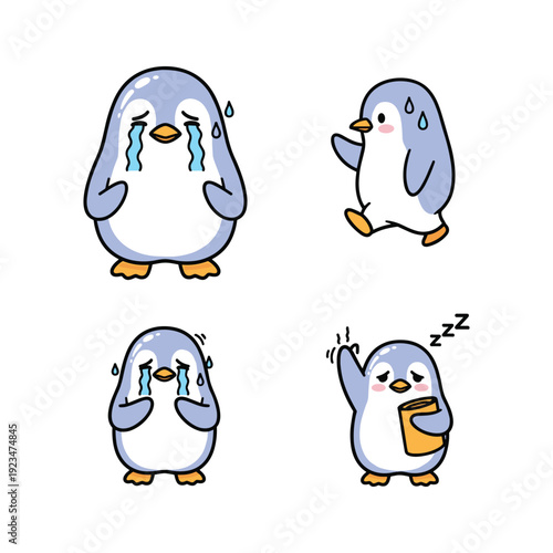 Cute cartoon penguins showing tiredness and sleepiness in various poses