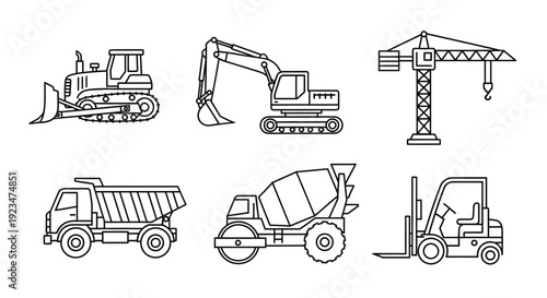 Construction Vehicles and Heavy Equipment Line Icons Set: Bulldozer, Excavator, Crane, Dump Truck, Mixer, Forklift