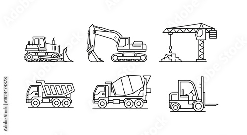 Construction Vehicles and Heavy Equipment Line Icons Set. Bulldozer, Excavator, Crane, Dump Truck, Cement Mixer, Forklift. Minimalist Outline Art.