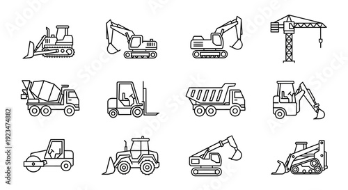 Construction Vehicles Line Icons Set: Heavy Equipment, Machinery, and Engineering Vector Graphics