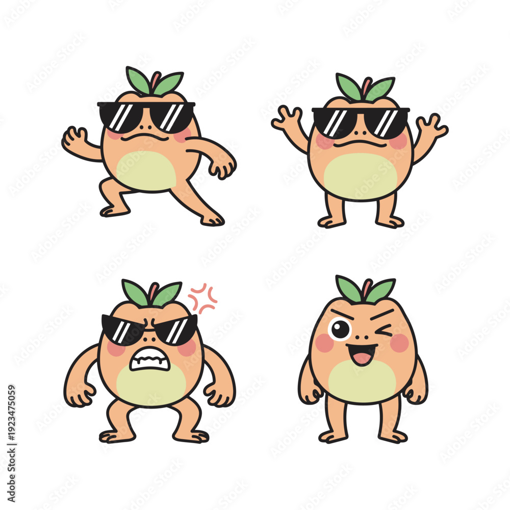 Fototapeta premium Cartoon peach characters with different emotions and sunglasses on white background