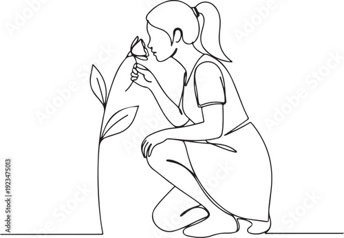 Woman in one line style crouching and smelling a flower one line woman plant